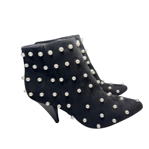 Elegant Black heeled faux suede Ankle Boots Pearl embellished Accents 10 NWOT - Picture 3 of 10